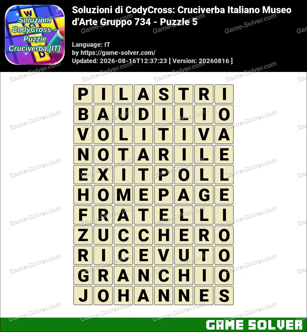 Soluzioni di CodyCross: Cruciverba Italiano Museo d’Arte Gruppo 734 – Puzzle 5